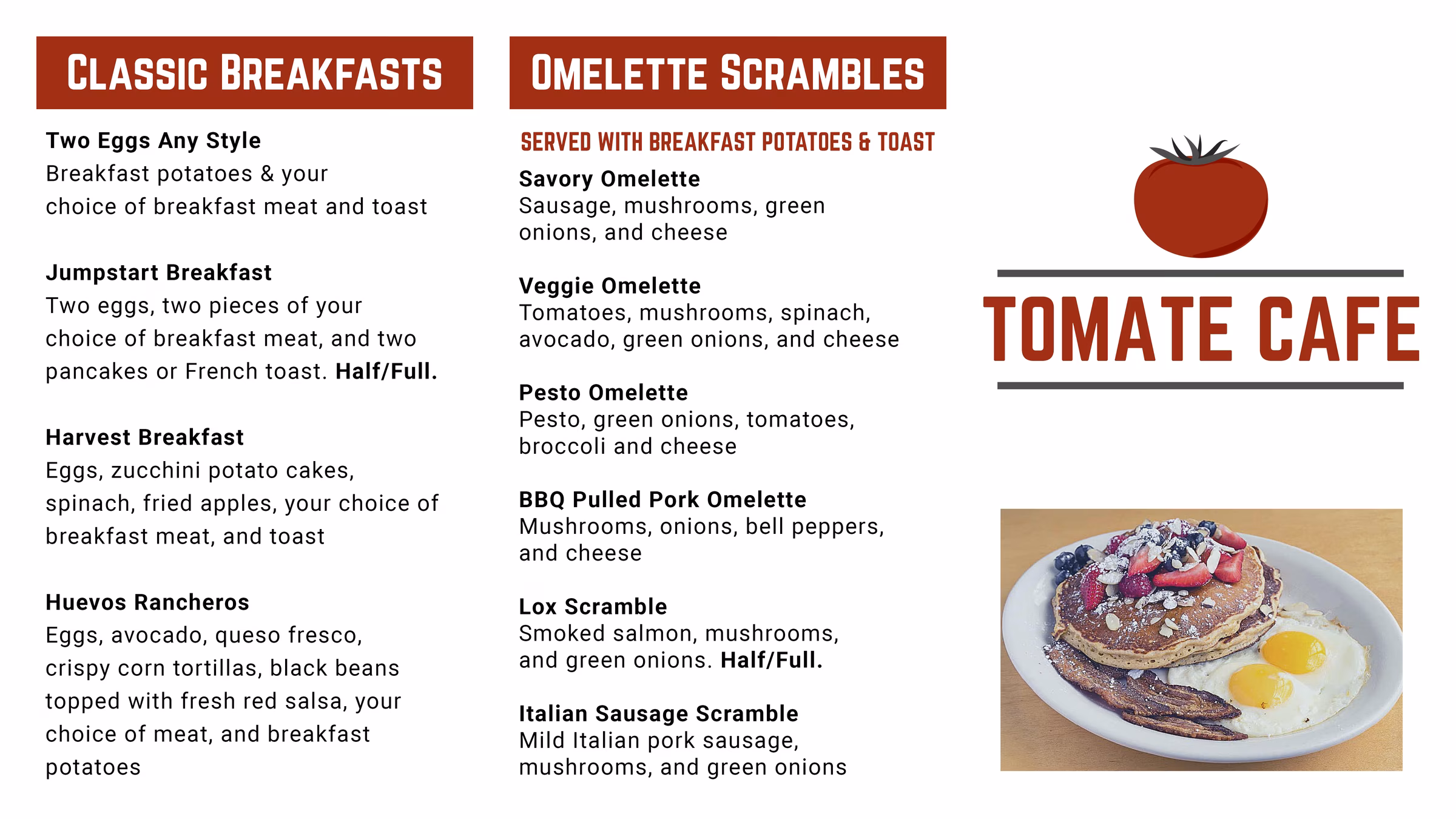 Tomate Cafe menu showing breakfast items and a pancake, egg, bacon plate.