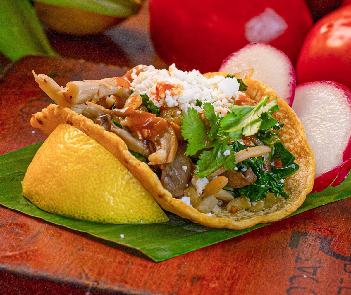 Taco with mushroom, cheese, and greens, served with lime and radishes.