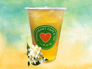 Iced tea with Sweetheart Cafe & Tea logo and jasmine flowers.
