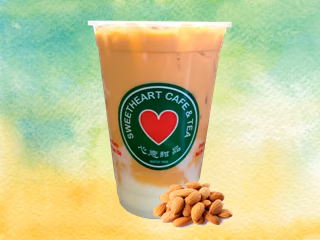 Iced layered beverage in Sweetheart Cafe cup, with whole almonds.