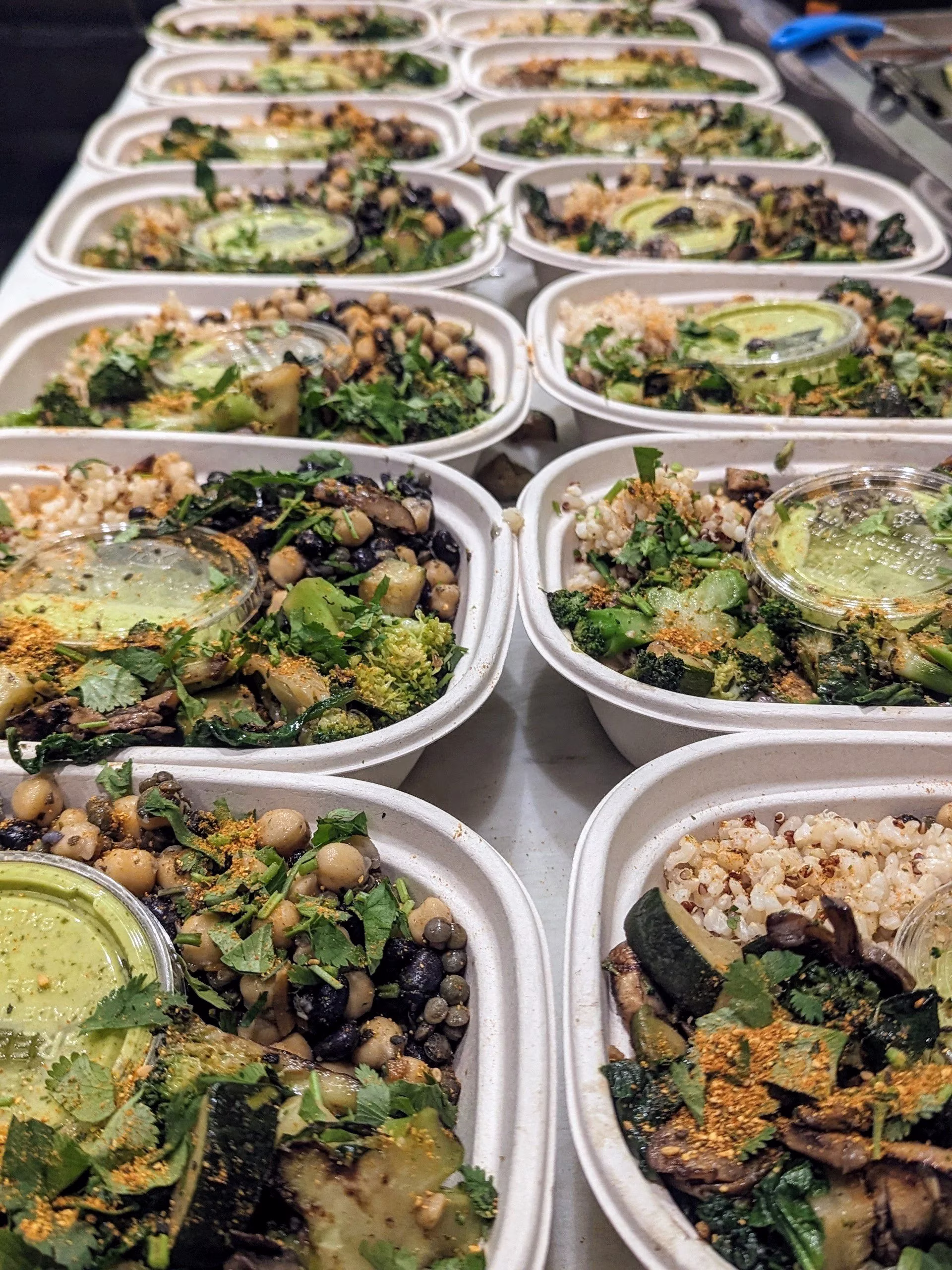 Many prepared food containers with grains, assorted vegetables, and green sauce.