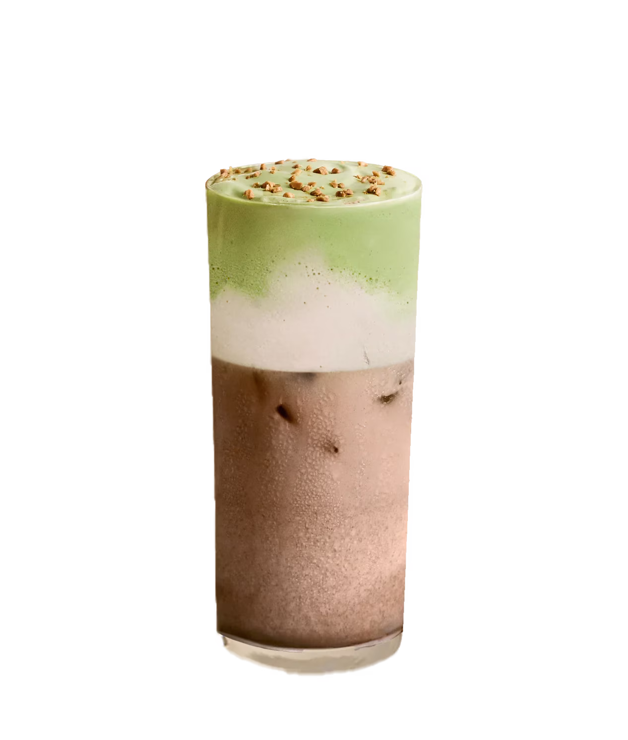 Iced layered drink with brown, white foam, green cream, and crumbles.