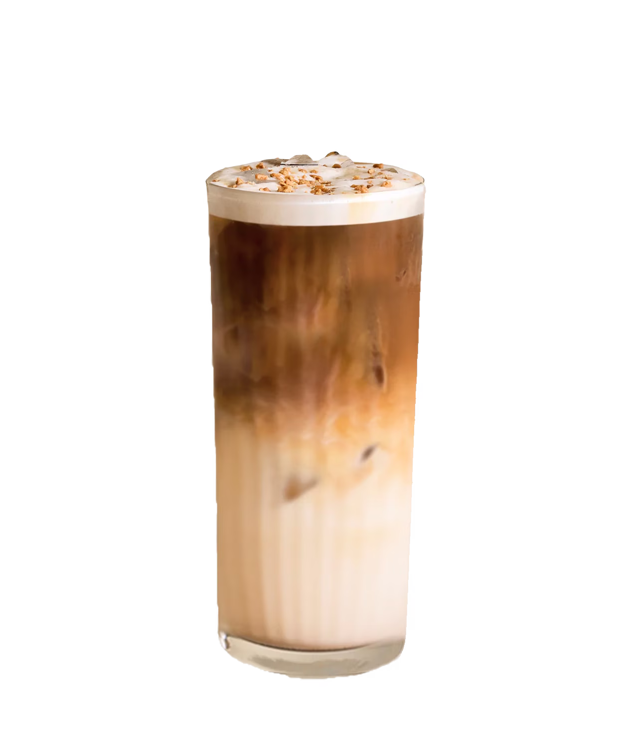 Tall glass of layered iced coffee with foam and sprinkled topping.