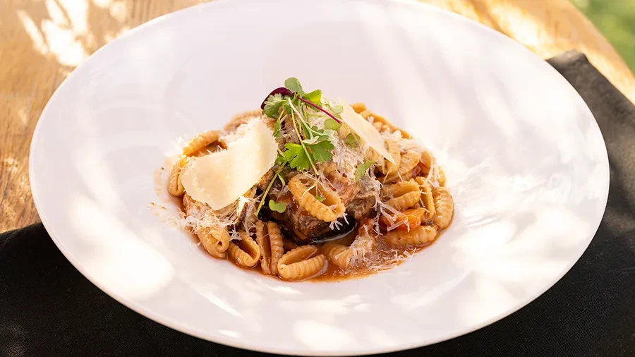 Overhead pasta dish with reddish-brown sauce, cheeses, and herb garnish.