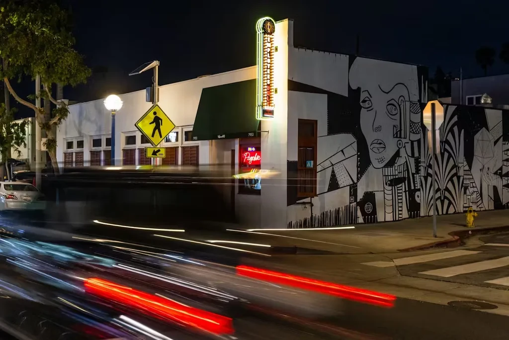 Urban street at night, building with mural, bright neon signs, vehicle light trails.