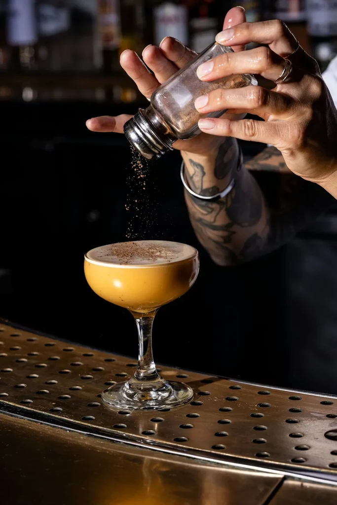 Tattooed hand sprinkles spices onto foamy amber cocktail in coupe glass.