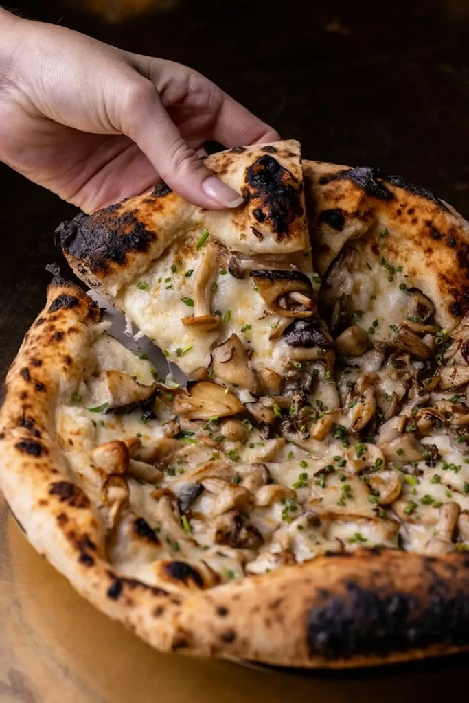 A hand lifts a cheesy slice from a charred-crust mushroom pizza.