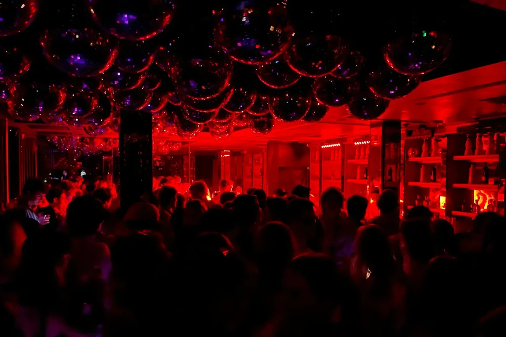 Dimly lit, red nightclub with disco balls, a bar, and dense crowd.
