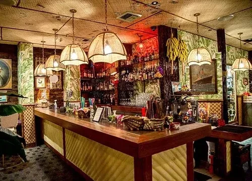 THOUGHT
The user wants an alt-text for an image description.
The alt-text needs to be:
- Short (7-12 words)
- Factual
- No marketing language
- Concise and descriptive
- Return ONLY the alt text.

Image description key elements:
- Interior of a tropical-th