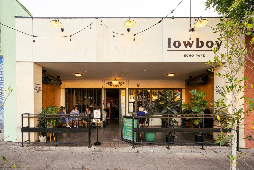 Lowboy Echo Park restaurant exterior with string lights and outdoor patio.