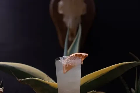 Close-up of light cocktail, orange slice, agave plants, and animal skull.