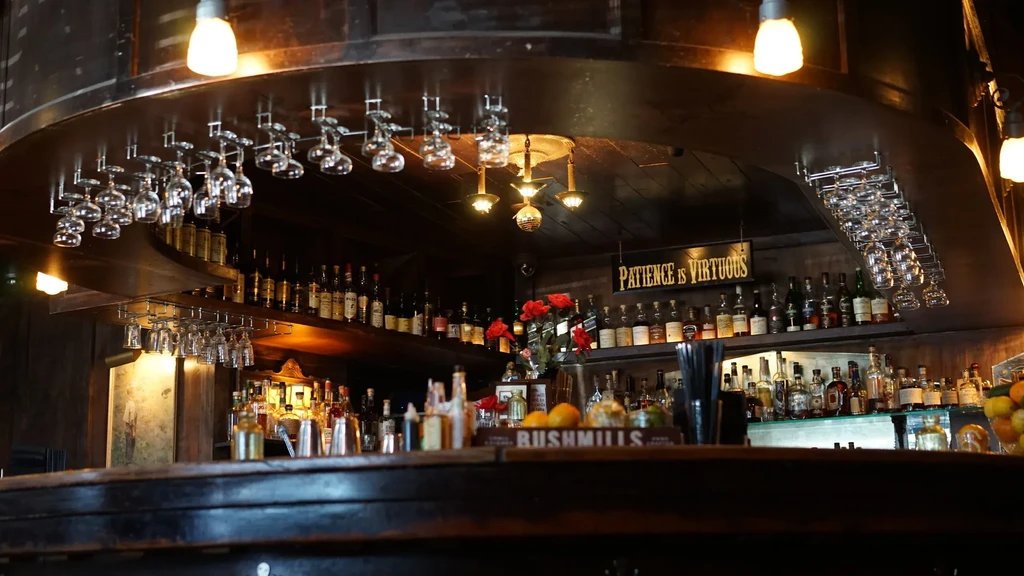 Warmly lit bar: dark wooden counter, hanging glasses, liquor bottles.