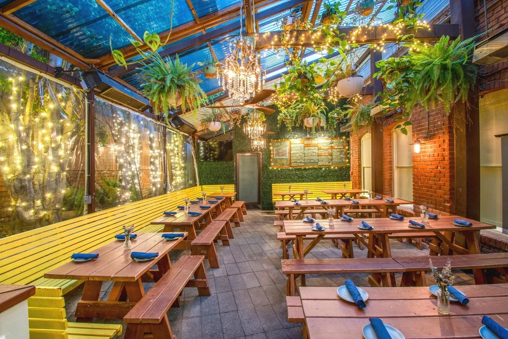 Cozy, empty covered patio with rustic tables, fairy lights, and plants.
