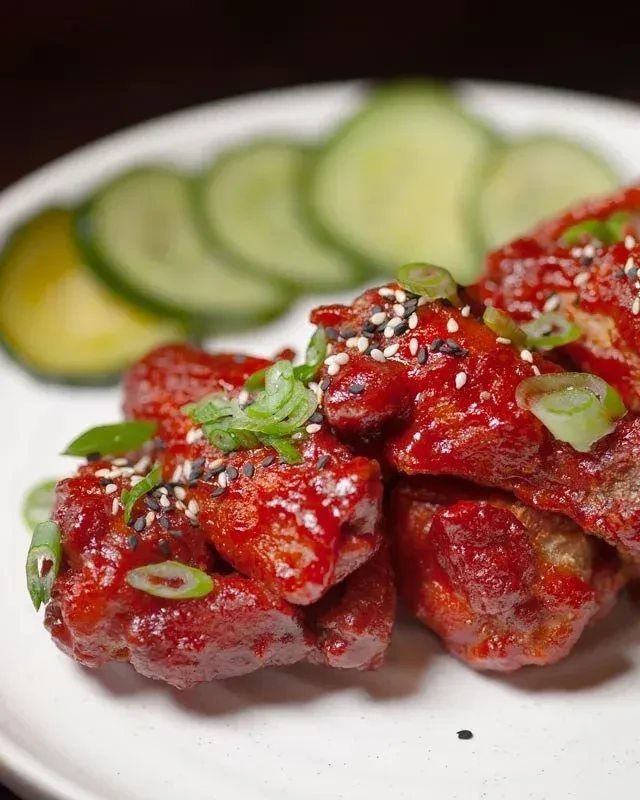Red-sauced chicken wings with sesame seeds and green onions.