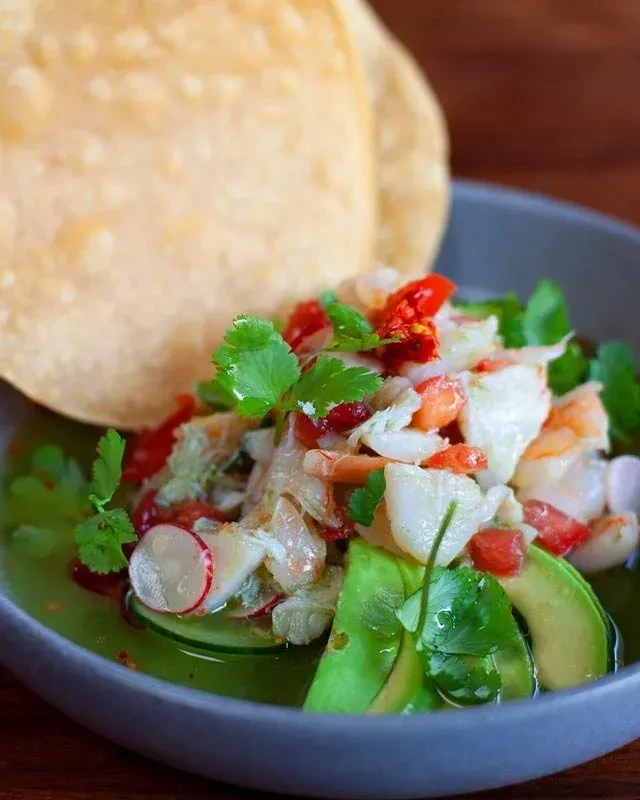 Close-up: bowl of ceviche with seafood, avocado, radishes, and tostada.