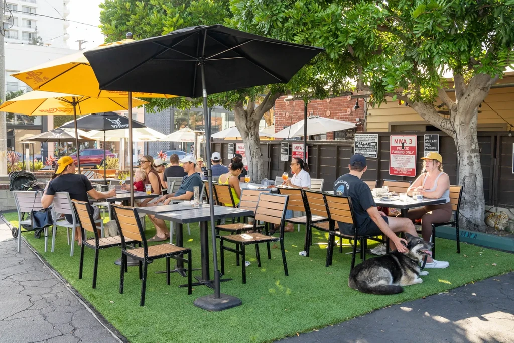Outdoor restaurant patio with people, green turf, shade, and a dog.