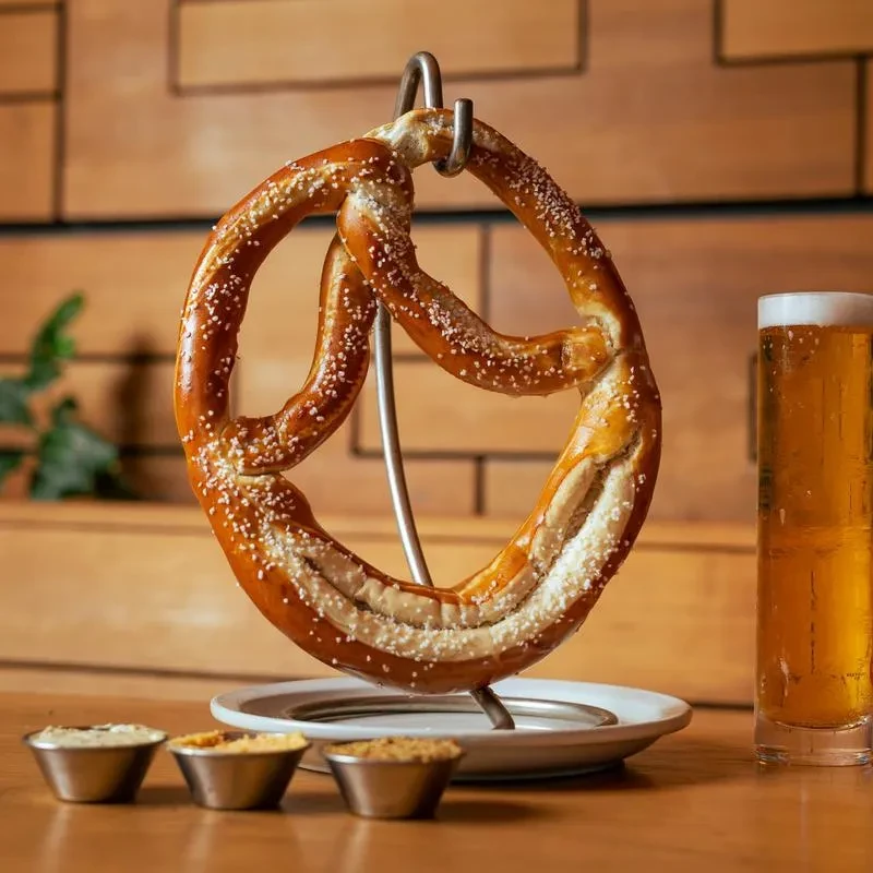 Large salted pretzel, beer glass, and three dipping sauces.
