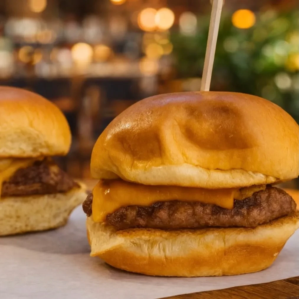 Two mini cheeseburger sliders, one with a skewer, on parchment.