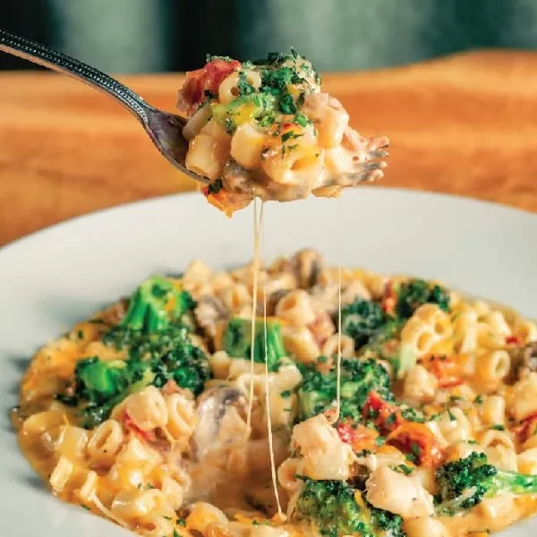Fork lifts cheesy pasta with broccoli, mushrooms, chicken, stretching cheese.