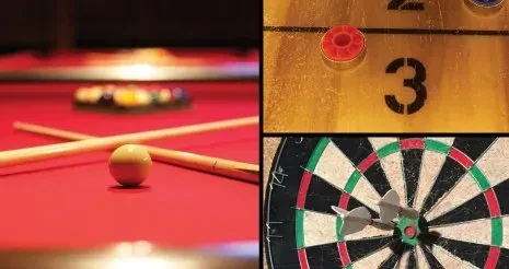Game room collage with pool table, shuffleboard, and dartboard.