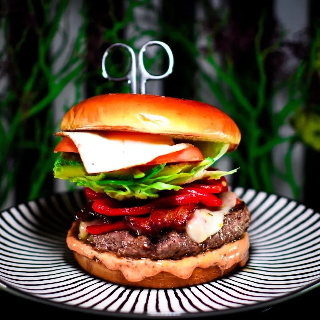 Gourmet burger with cheese, bacon, peppers, skewer, on striped plate.