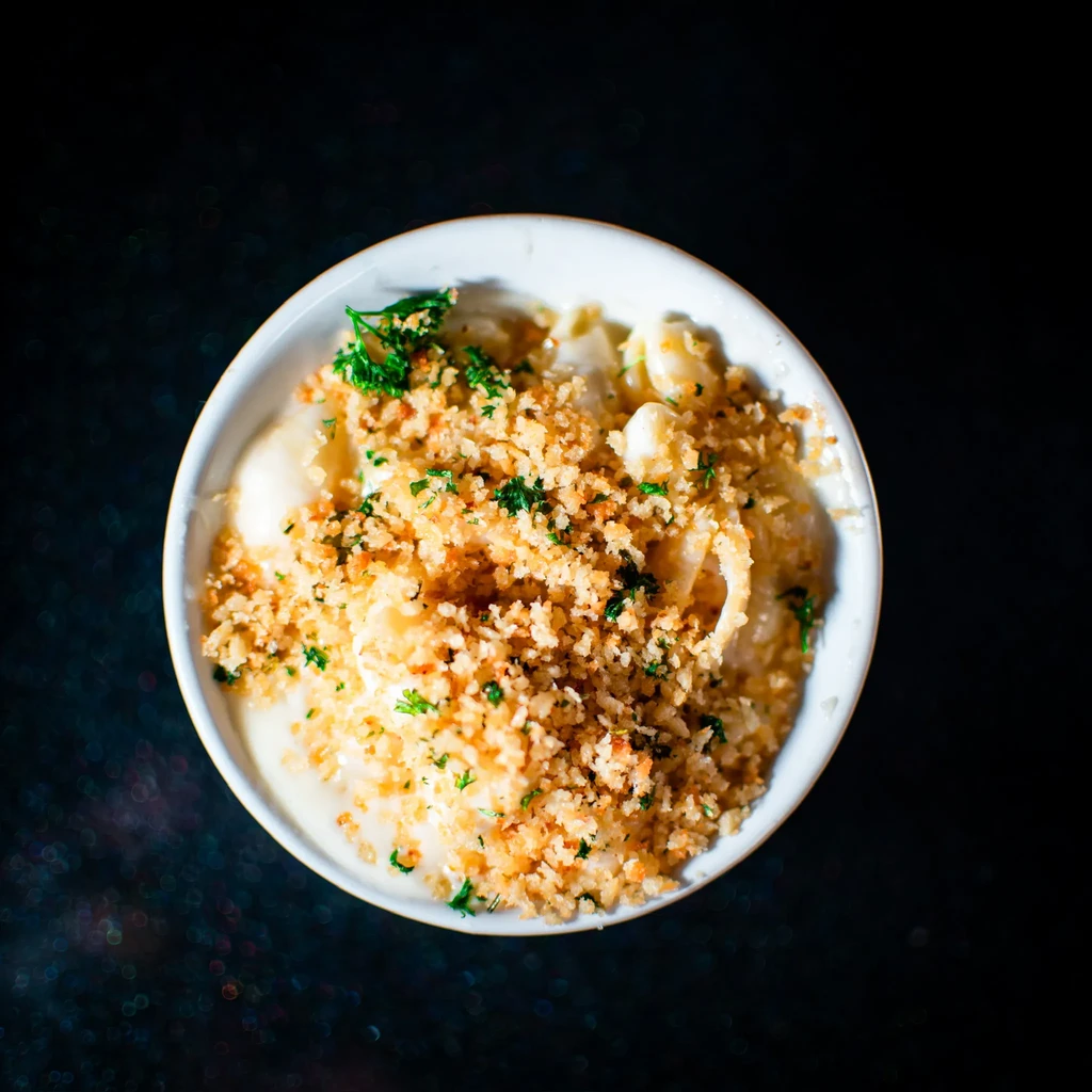 Creamy pasta topped with golden breadcrumbs and green herbs in a white bowl.