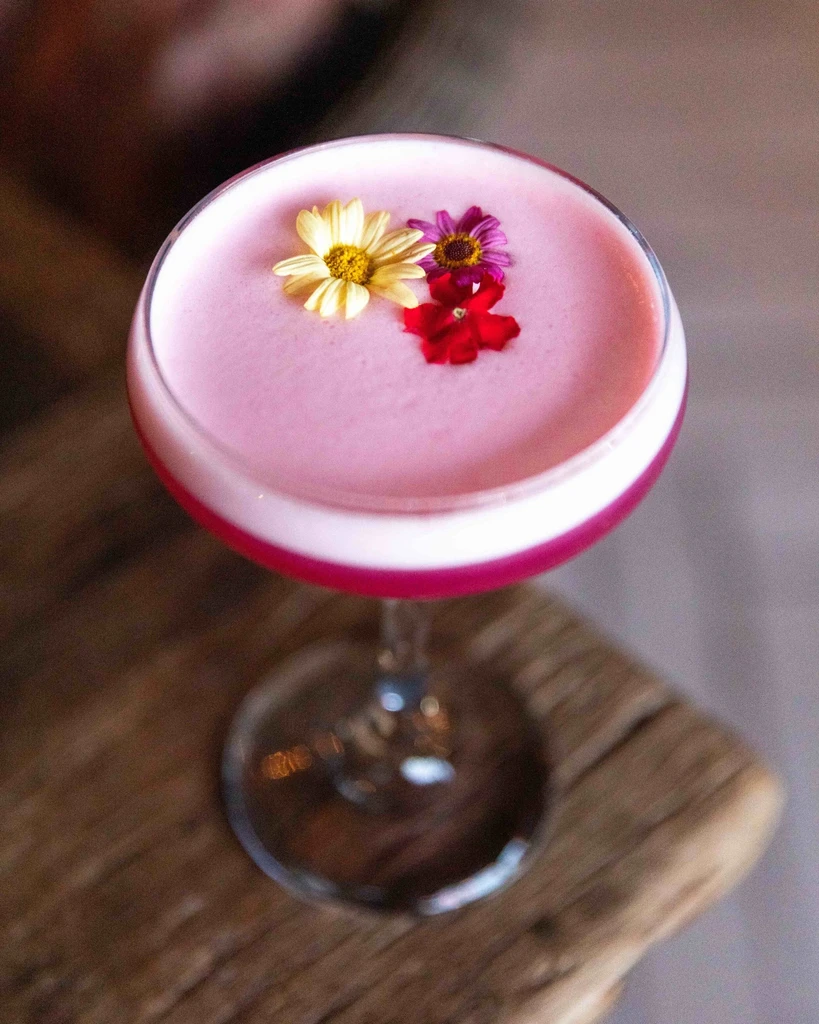 Layered magenta and pink cocktail in coupe glass with three flower garnishes.