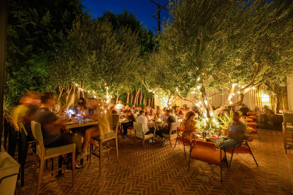 Nighttime outdoor restaurant lit by string lights over trees; blurred patrons.