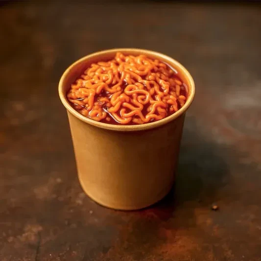 Top-down view of orange-red instant noodles in a brown paper cup.