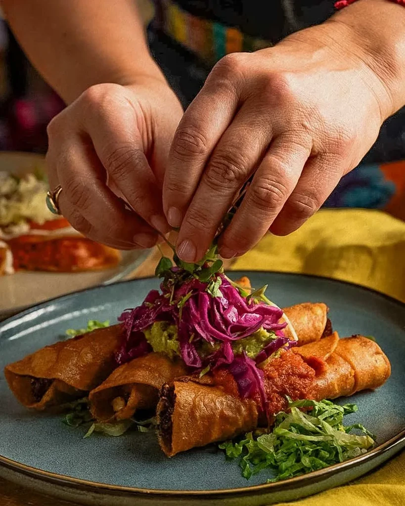 Hands garnish three deep-fried taquitos with guacamole, cabbage, and microgreens.