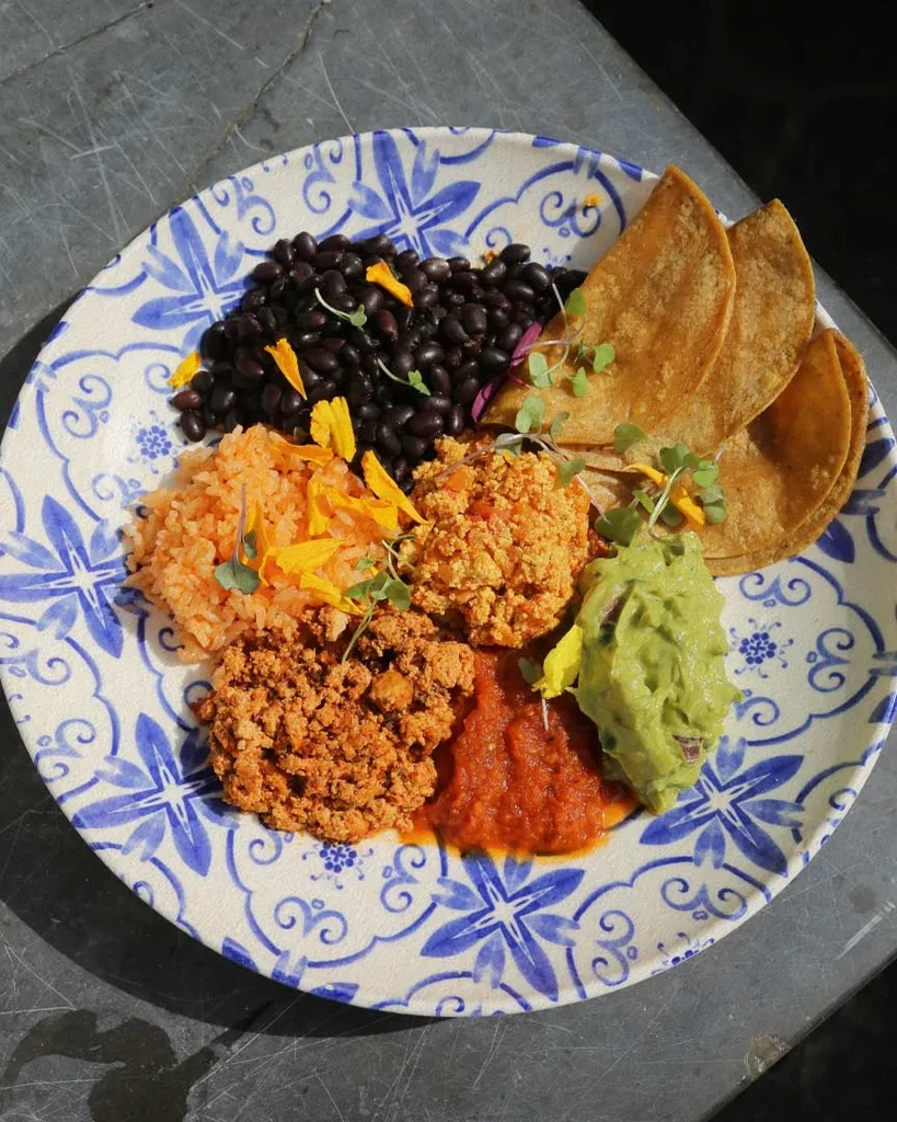 Overhead colorful Mexican meal on a blue and white patterned plate.
