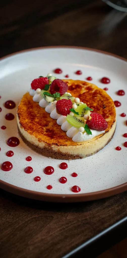 Plated torched dessert garnished with raspberries, kiwi, cream, and sauce.