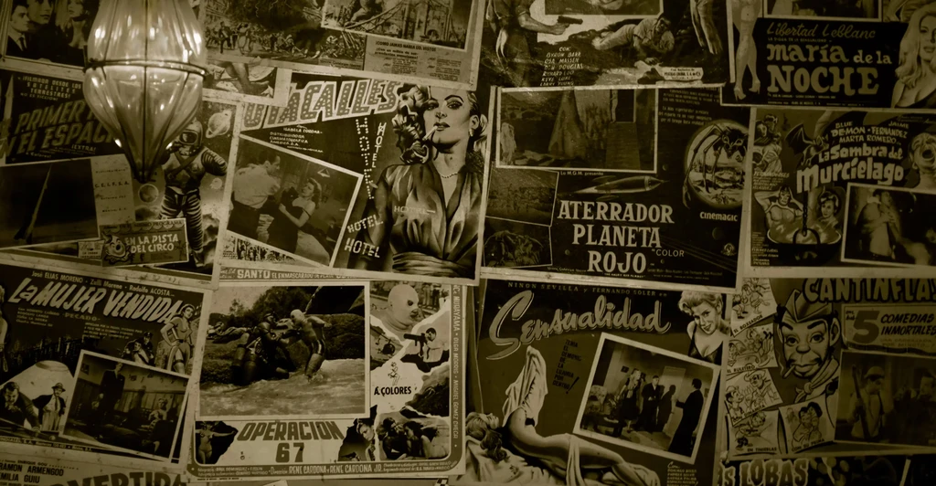 Eclectic wall collage of sepia-toned vintage Spanish movie posters.