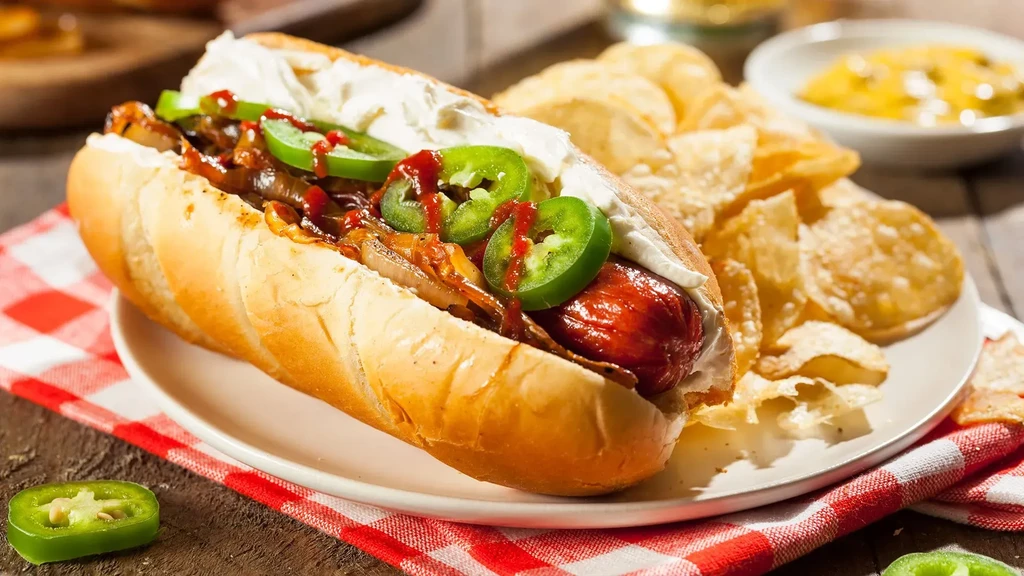 Gourmet hot dog with caramelized onions, jalapeños, sauces, and chips.
