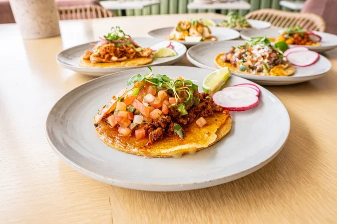 Beautifully plated meat tostada with guacamole and pico de gallo.