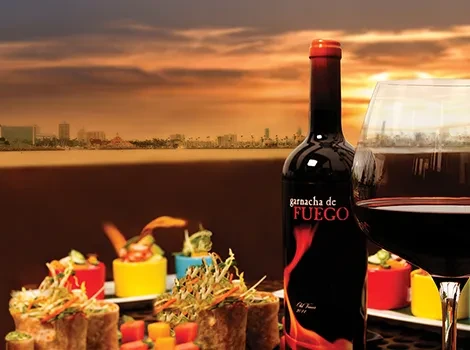 Garnacha wine, sushi, appetizers, and city skyline at sunset.