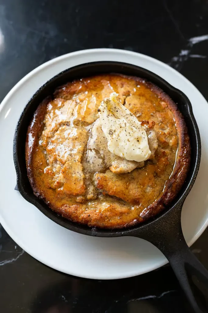 Golden-brown baked item with melting butter in a cast-iron skillet.