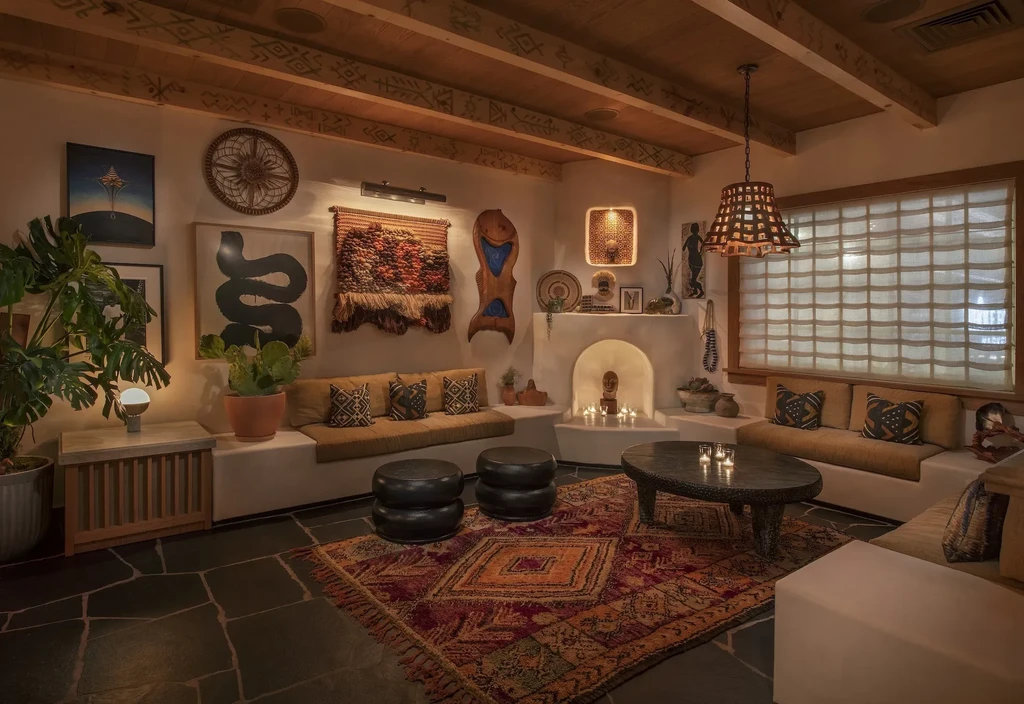 Inviting lounge with rustic-bohemian decor, soft lighting, and patterned furnishings.