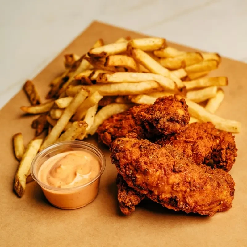 Crispy fried chicken, golden fries, and orange sauce on brown paper.
