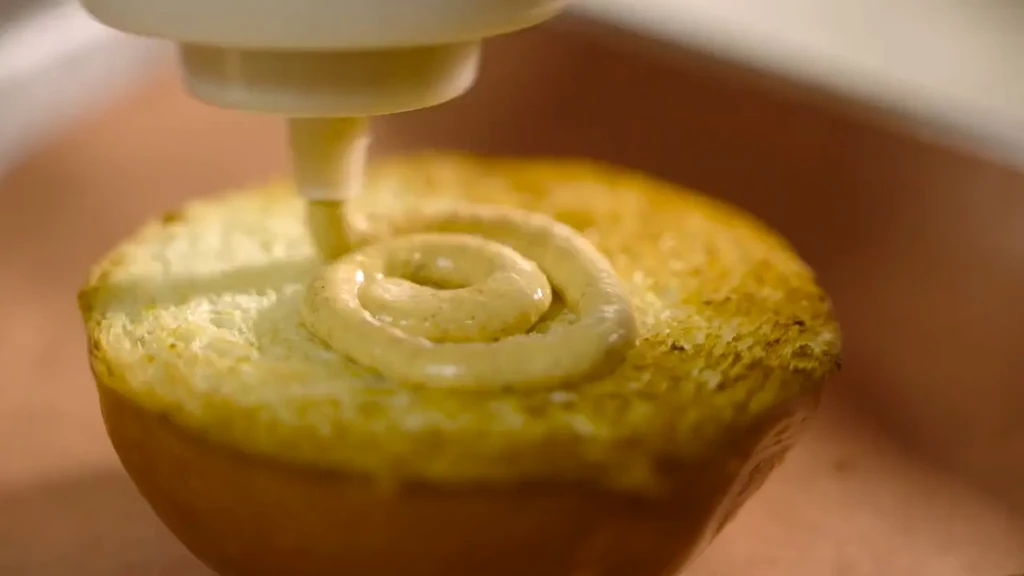 Creamy yellow sauce spiraled onto a golden brown toasted bun.