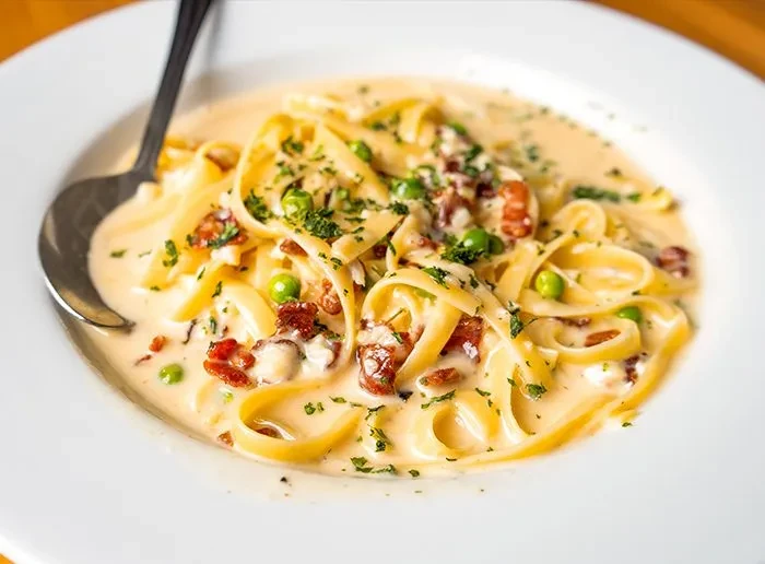Close-up of creamy pasta with peas, bacon, and herbs in a white bowl.
