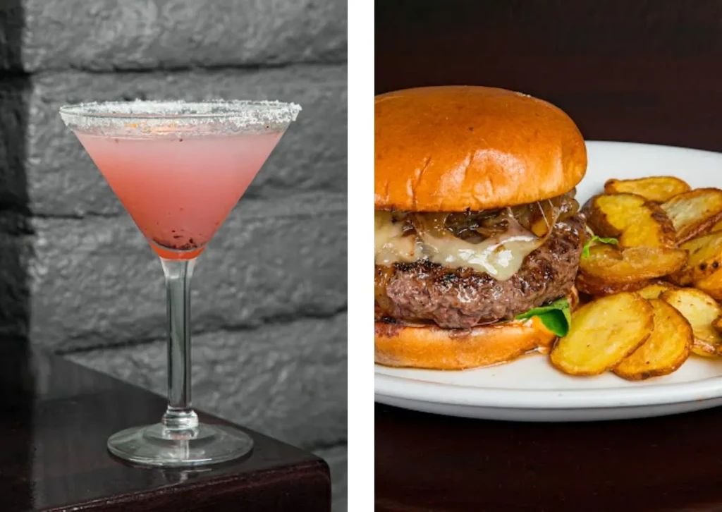Diptych: pink cocktail and gourmet burger with potato wedges.