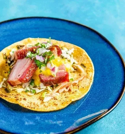 Pork carnitas taco with fresh slaw and salsa on a blue plate.