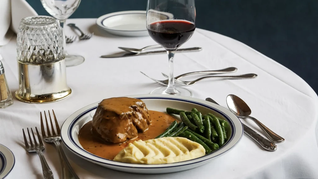 Plated meal of meat with gravy, vegetables, and red wine.