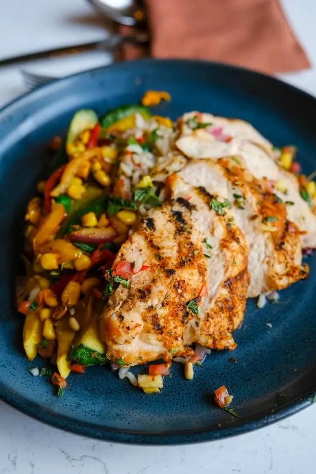 Grilled chicken, vibrant roasted vegetables, and rice with relish on a plate.