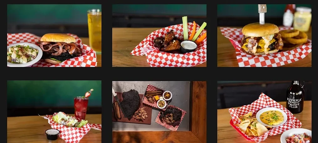 Collage of six American comfort food and BBQ dishes.