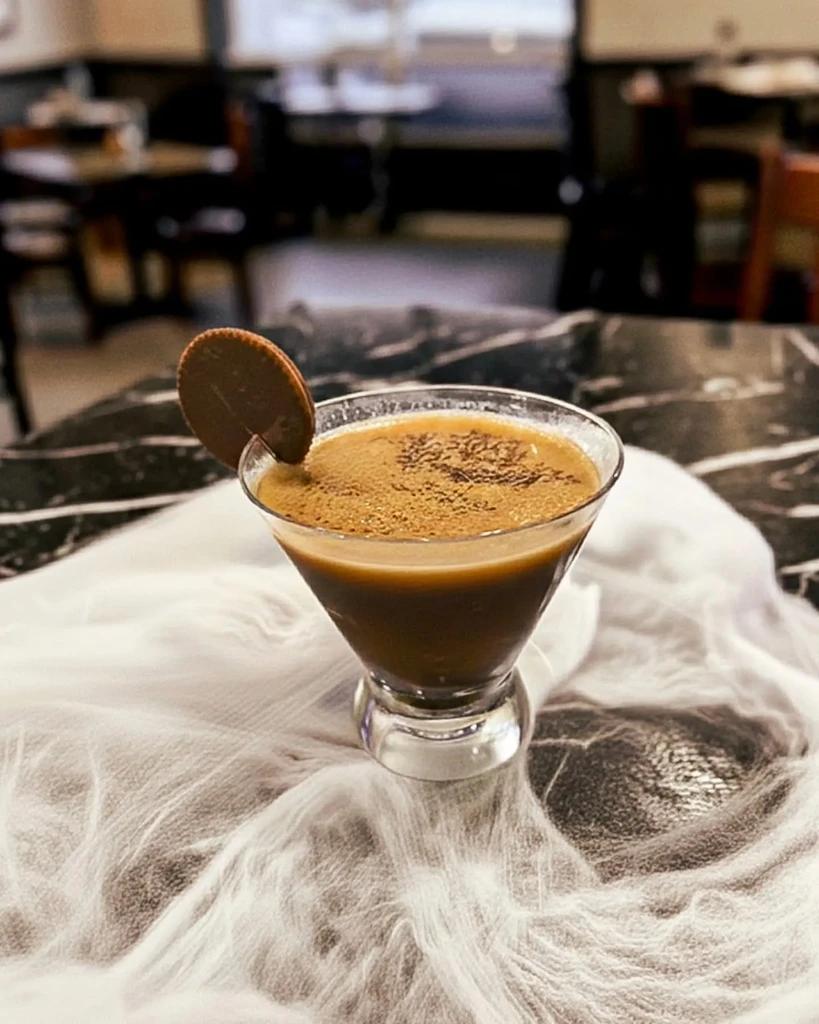 Brown drink in martini glass with chocolate cookie, spiderwebs.