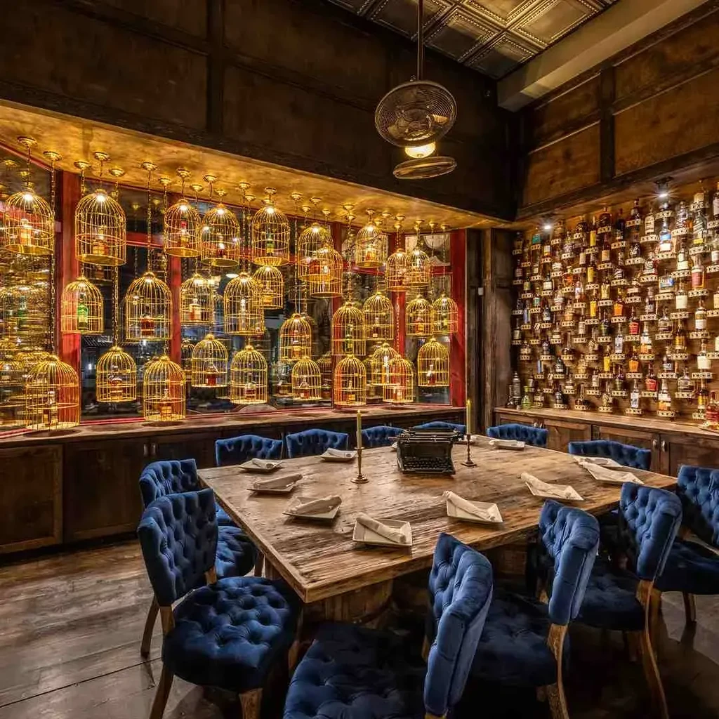 Elegant speakeasy bar with golden birdcages, liquor bottles, and velvet seating.