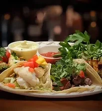 Assortment of four tacos with diverse fillings and two dips.