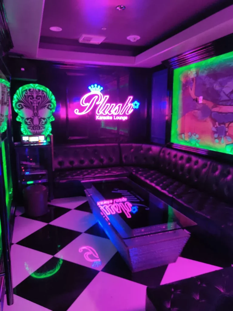 Neon-lit Plush Karaoke Lounge with checkered floor and purple-green glow.